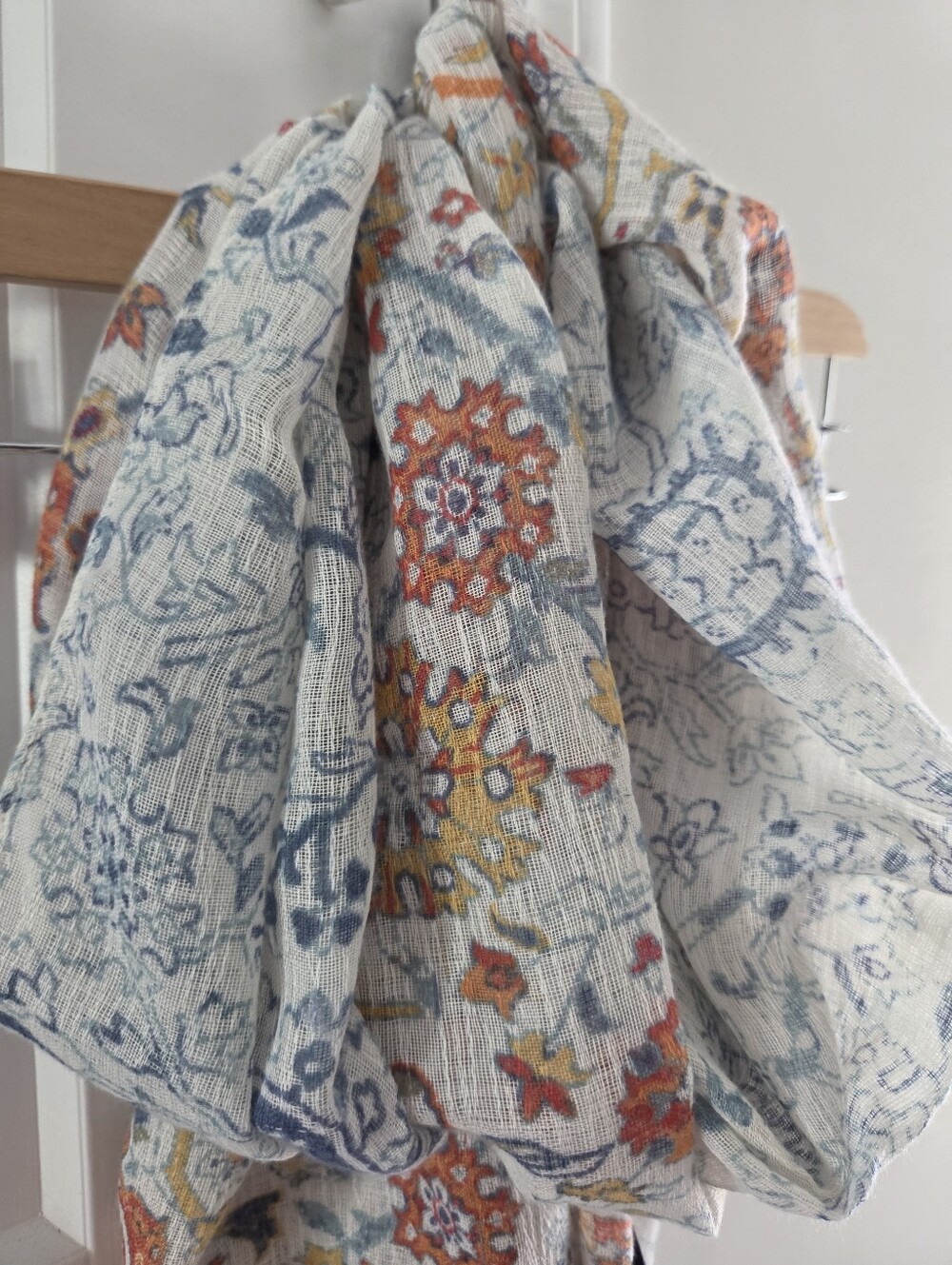 Chaps Woven Fringe Scarf - Cream with Blue & Orange Boho Vibe - Picture 6 of 10